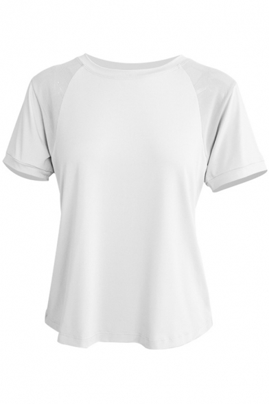Yoga Women's Tee Top Contrast Panel Patchwork Mesh Back Split Hem Round Neck Short-sleeved Regular Fitted T-Shirt