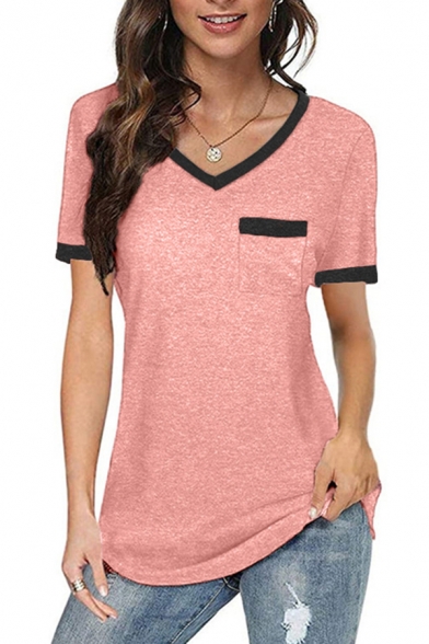 Basic Girls T Shirt Contrasted Pipe Short Sleeve V-neck Regular Fit Tee Top