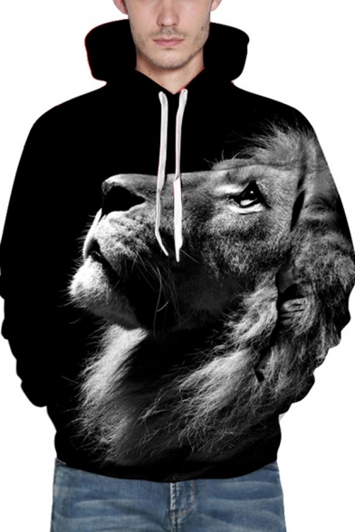 Black-gray Hoodie Wolf 3D Printed Long Sleeve Drawstring Loose Fit Cool Hoodie with Pocket