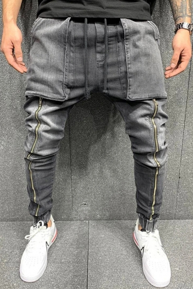 Casual Men's Jeans Zip Front Side Pocket Drawstring Elastic Low Waist Banded Cuffs Ankle Length Jeans with Washing Effect