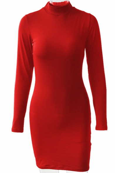 Casual Women's Bodycon Dress Solid Color Mock Neck Long-sleeved Slim Fitted Short Bodycon Dress