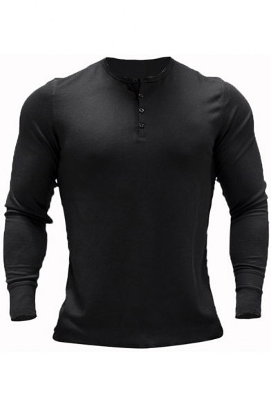Elegant Men's Tee Top Solid Color Button Detail Round Neck Long Sleeves Training T-Shirt