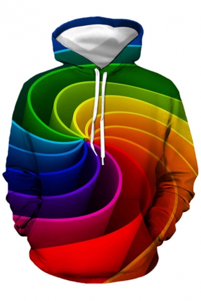 Fancy Men's Hoodie Dizziness Multi Color 3D Pattern Front Pocket Long Sleeves Drawstring Hooded Sweatshirt