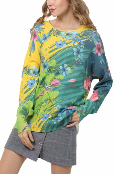 Fancy Top Flower Pattern Long Sleeve Round Neck Relaxed Fit Knit Top in Green