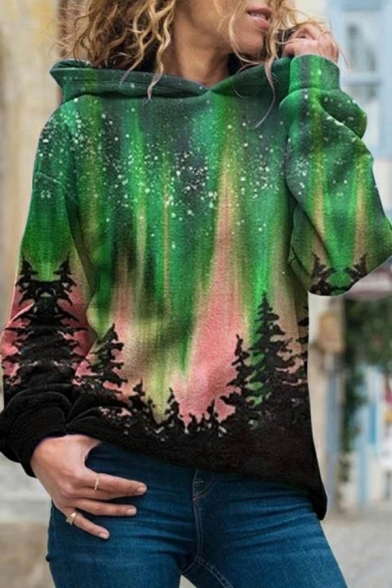 Fancy Women's Hoodie Landscape Northern Lights Forests Sky Pattern Banded Cuffs Long Sleeves Loose Fitted Hooded Sweatshirt