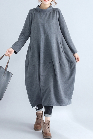 Fancy Women's Swing Dress Tiered Detail Solid Color Side Pockets Cowl Neck Long Sleeves Relaxed Fit Long Swing Dress