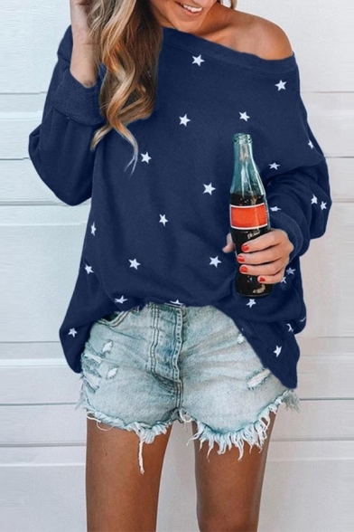 Fancy Womens Tee Top Star Pattern Brushed One Shoulder Long Sleeves Regular Fitted T-Shirt