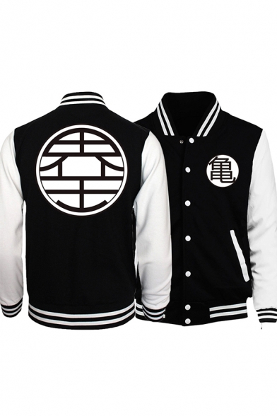 Fashion Chinese Character Print Long Sleeve Stand Collar Button-Down Colorblock Black Varsity Baseball Jacket