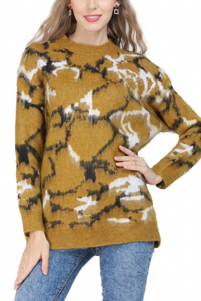 Fashion Womens Sweater Printed Long Sleeve Crew-neck Knit Loose Fit Pullover Sweater