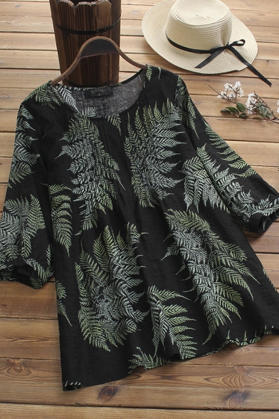 Fashionable Womens Blouse Leaf Print Pleated Round Neck Long Sleeves Cotton and Linen Relaxed Pullover Blouse
