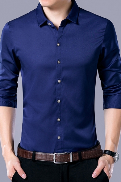 Formal Shirt Solid Color Roll Up Sleeve Spread Collar Button Up Slim Fit Shirt Top
