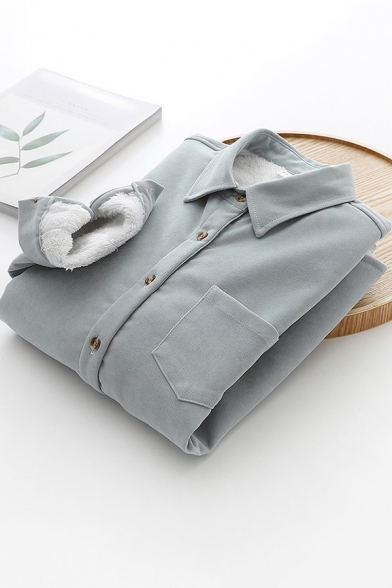Girls Leisure Solid Color Shirt Sherpa Liner Long Sleeve Point Collar Button-up Relaxed Shirt Top