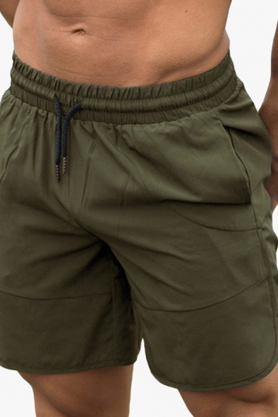Leisure Men's Shorts Elastic Drawstring Waist Solid Color Side Pockets Panel Split Hem Regular Fitted Workout Shorts