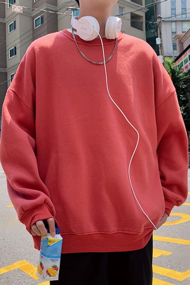 Leisure Men's Sweatshirt Solid Color Round Neck Long-sleeved Regular Fitted Pullover Sweatshirt