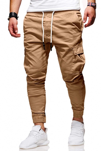 Leisure Mens Pants Solid Color Flap Pockets Drawstring Low Waist Ankle Tied Slim Fitted Full Length Cargo Pants