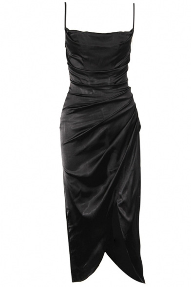Leisure Women's Strap Dress Satin Solid Color Halter Neck Ruched Sleeveless High Split Midi Dress