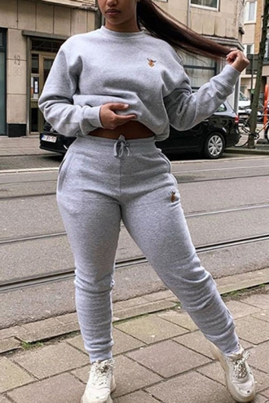 Leisure Women's Sweatshirt Embroidered Crew Neck Long-sleeved with High Drawstring Waist Pants Stacked Co-ords