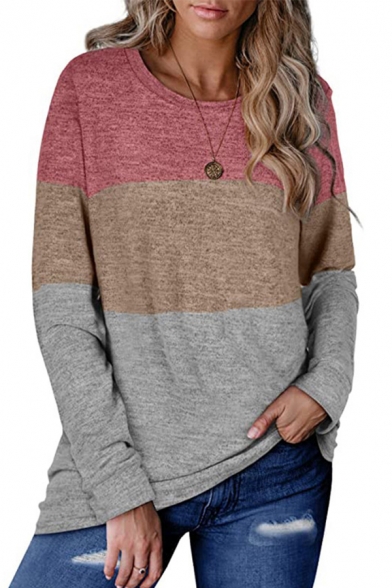 Leisure Womens T Shirt Colorblock Long Sleeve Crew Neck Relaxed Tee Top