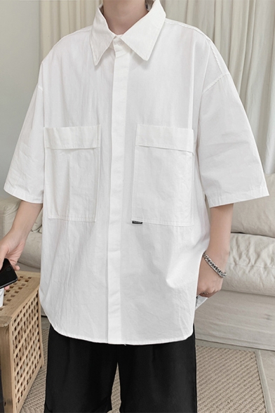 Men's Simple Plain Button-Up Three-Quarter Sleeves Pockets Basic Shirt