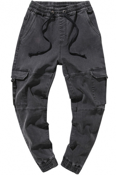 Men's Street Fashion Cool Multiple-Pocket Elastic Waist Dark Grey Cargo Jeans