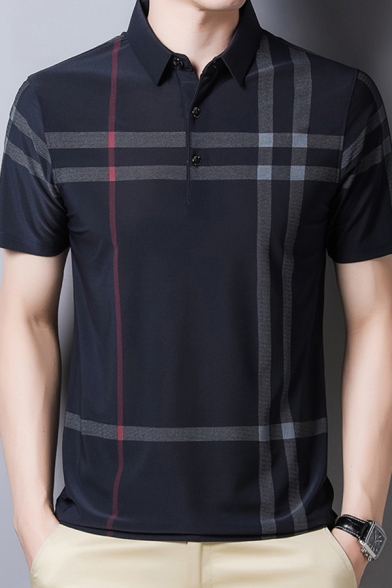 Mens Business Polo Shirt Fashionable Plaid Stripe Pattern Ice Silk Button Detail Short Sleeve Turn-down Collar Slim Fit Polo Shirt