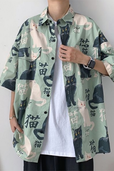 New Fashionable Cat Chinese Letter Print Short Sleeve Single Breasted Loose Fit Casual Shirt