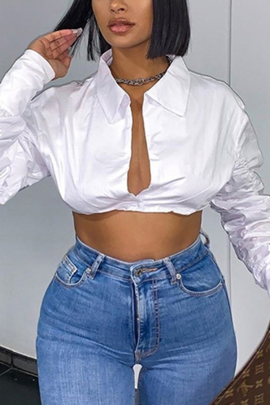 Plain Chic Long Sleeve Point Collar Deep V-neck Fit Cropped Shirt for Women