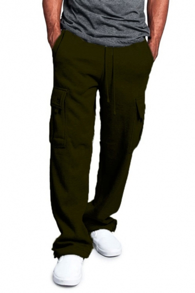 Retro Men's Cargo Pants Plain Flap Pockets Drawstring Waist Long Relaxed Fit Pants