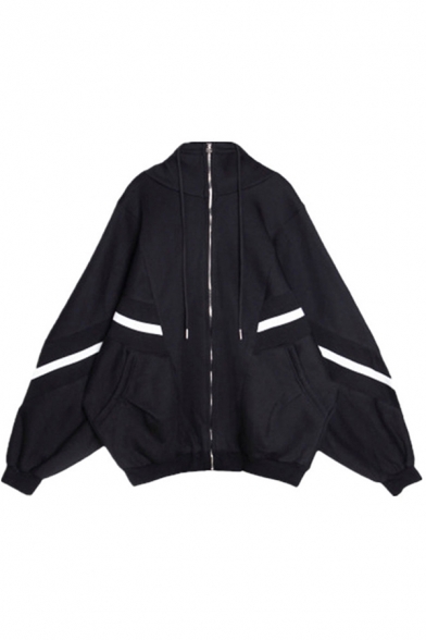 Retro Women's Jacket Reflect Light Detail Zip Placket Side Pocket Long Sleeves Loose Fitted Drawstring Stand Collar Jacket