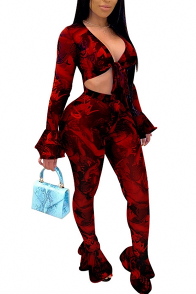 Sexy Womens Set Tie Dye Print Long Sleeve Deep V-neck Tied Front Cropped Top & Pants Set