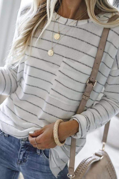Simple White Tee Top Stripe Print Long Sleeve Crew Neck Relaxed Fit T Shirt for Girls