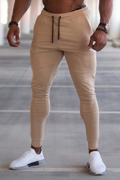 Stylish Men's Pants Solid Color Side Pocket Drawstring Elastic Waist Ankle Length Skinny Training Pants