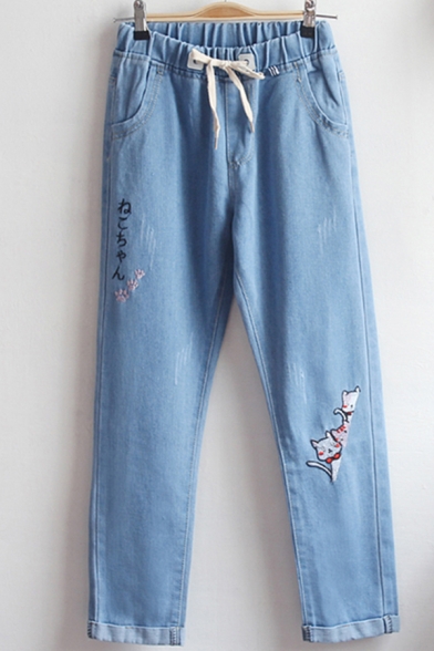 Stylish Women's Jeans Cartoon Cat Embroidered Distressed Side Pocket Drawstring Elastic Waist Ankle Length Tapered Jeans