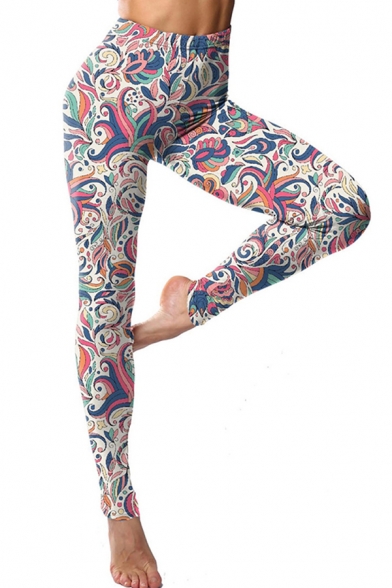Stylish Womens Leggings Multi Color Paisley Floral Print High Waist Ankle Length Skinny Leggings