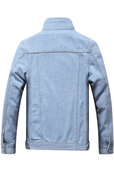 Trendy Men's Denim Jacket Solid Color Distressed Flap Chest Pockets Button Closure Long Sleeves Turn-down Collar Regular Fitted Denim Jacket