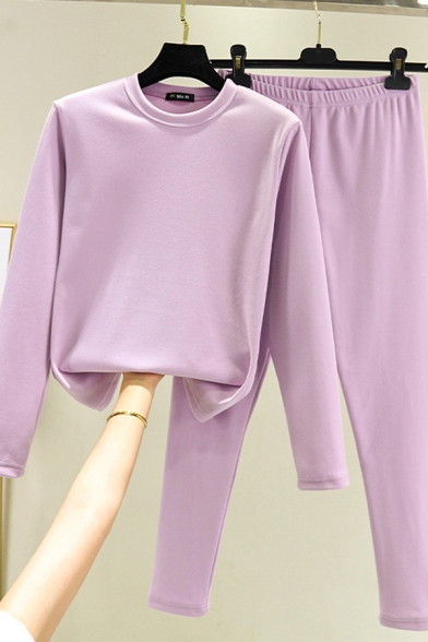 Women's Solid Color Round Neck Brushed Long Sleeves Tee Top with Elastic Waist Long Pants