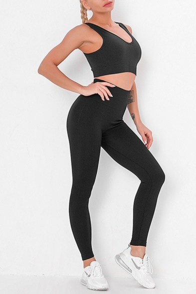 Casual Women's Training Set Solid Color Crew Neck Sleeveless Cropped Fitted Tank Top with High Waist Skinny Leggings Yoga Co-ords