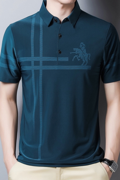 Classic Mens Business Polo Shirt Figure Horse Stripe Pattern Ice Silk Turn-down Collar Button Detail Short Sleeve Slim Fit Polo Shirt