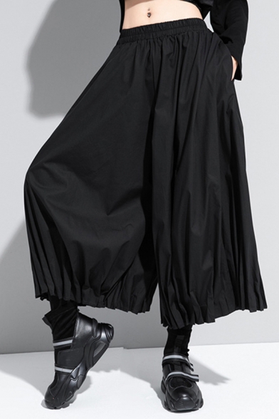 Cool Girls Black Pants Elastic Waist Solid Color Cropped Baggy Pants