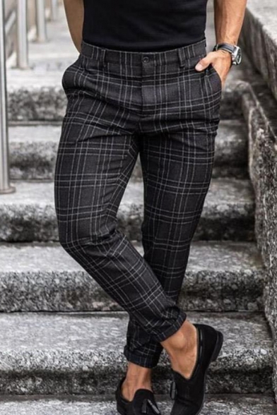 Elegant Men's Pants Tartan Pattern Side Pocket Zip Fly Mid Waist Ankle Length Tapered Pants