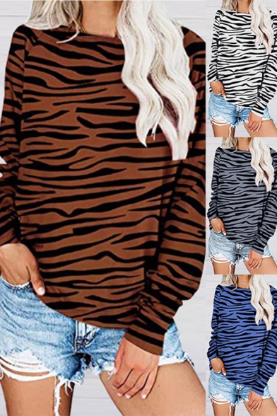 Elegant Women's Sweatshirt Tiger Zebra Skin Pattern Crew Neck Long-sleeved Regular Fitted Sweatshirt