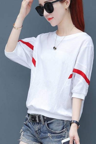 Elegant Women's Tee Top Stripe Pattern Round Neck Half Sleeves Regular Fitted T-Shirt