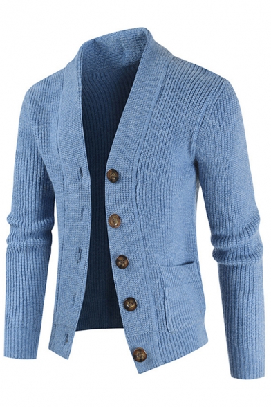 Fancy Men's Cardigan Solid Color Rib Knitted Front Pockets Button-down Long-sleeved Slim Fitted Cardigan