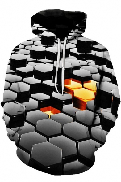 Fancy Men's Hoodie Graphic Digital 3D Pattern Front Pocket Long-sleeved Regular Fitted Drawstring Hooded Sweatshirt