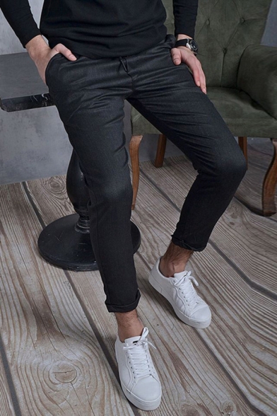 Fancy Men's Pants Solid Color Drawstring Elastic Waist Ankle Length Skinny Pants