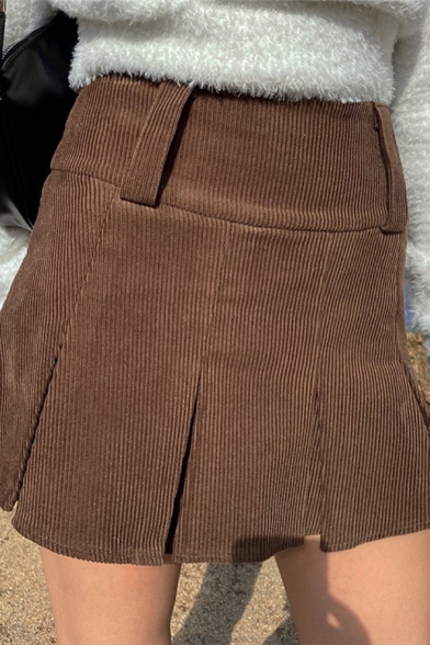 Fancy Women's A-Line Skirt Solid Color Corduroy High Waist Mini A-Line Skirt