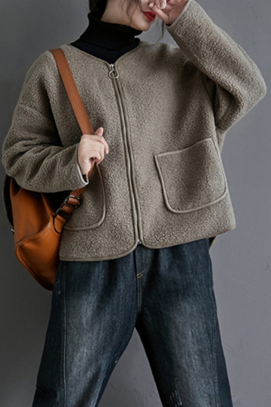 Fancy Women's Coat Lamb Wool Solid Color Front Pockets Zip Placket Long Sleeves Round Neck Regular Fitted Coat