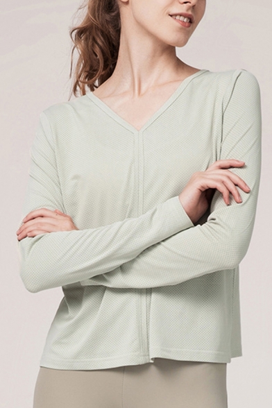 Fancy Women's Training Tee Top Flatlock Stitching V Neck Long-sleeved V Neck Long-sleeved Regular Fitted Workout T-Shirt