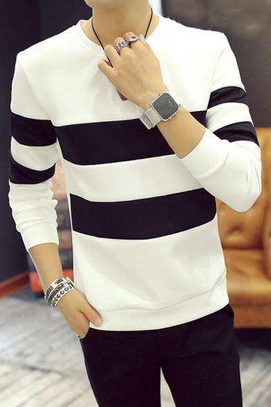 Fashionable Mens Sweatshirt Contrast Panel Stripe Pattern Crew Neck Long Sleeves Regular Fitted Sweatshirt