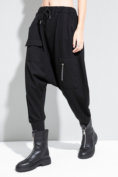 Fashionable Womens Pants Drawstring Waist Zipper Detail Flap Pocket Ankle Sarouel Pants in Black